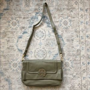 Tory Burch Amanda Foldover Crossbody Messenger Pebbled Leather Thunderstorm